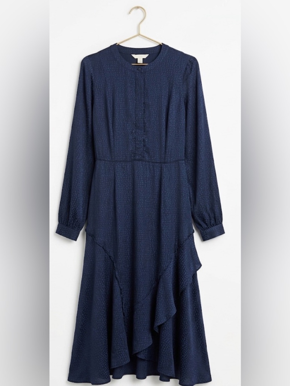 H&M Navy Blue Long Sleeve Midi Dress with Subtle Dot Texture. flowy midi dress